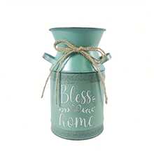 Vintage Mint Green Metal Decorated Milk Can Vase, Retro Iron Rope Tie, "Bless Our Home" Blessing Slogan, Distressed Texture With Soothing Healing Ambiance. Can Be Used As A Flower Vase For Dried Flowers Or A Storage Jar, Suitable For Light Vintage, Cozy Home Decor, Entryway, Creates A Ceremonial Atmosphere. - Four Seasons Double-eared Teapot 8 - View 13