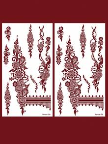 2张全手花卉图案红棕色海娜曼陀罗花蕾丝图案性感人体彩绘临时防水纹身贴纸，适用于手脚手指手部，女士花卉海娜纹身贴纸，防水花卉贴纸，适合手部、手臂、背部，节日、派对、日常佩戴 - 紅色 - 查看 6