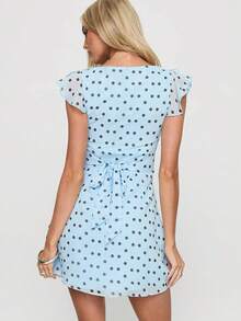 Fashionable Women's Light Blue Polka Dot Ruffle Sleeve Mini Dress, Heart Neckline, Casual Style For Summer - Baby Blue - View 4