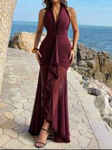 Unadoll 女士性感低胸露背系带长裙，腰部和臀部褶皱设计，褶皱网纱面料，优雅迷人，适合情人节、海滩度假、婚礼派对、生日庆祝等场合。 - 酒紅色 - 查看 10