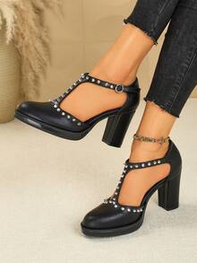 SVRM 女士时尚百搭厚底镂空粗跟T字带铆钉复古办公室通勤日常休闲约会派对优雅高跟凉鞋 - 黑色 - 查看 2