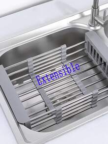 1个不锈钢可伸缩水槽沥水架，简约厨房实用风格格栅设计，适用于不同尺寸的水槽，可沥干碗碟，厨房水槽区收纳整理架 - 彩色 - 查看 5
