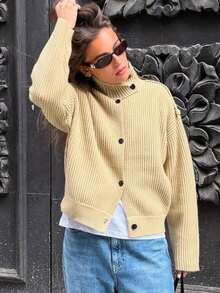 Áo khoác cardigan dệt kim cổ đứng dáng vintage thanh lịch dành cho nữ, áo khoác dài tay cài nút thời trang, thích hợp cho mùa thu/đông. - Màu xanh Ô liu - Xem 3