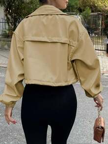Womens Outdoor Cropped Jacket Zip Up Lightweight Oversized Utility Anorak Coat With Pockets For Camping Hiking Streetwear - 深卡其色 - 查看 4