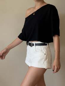 女士露肩蝙蝠袖圆领短袖T恤，适合度假、办公、外出、日常穿着、约会、派对、聚会、街头、嘉年华、音乐节、情人节、派对等场合，黑色。 - 黑色 - 查看 6