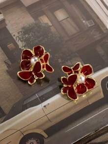 1 par de pendientes rojos estilo retro de Hong Kong, pendientes de nicho de lujo de alta gama, pendientes con colgante rojo, pendientes elegantes y de moda - joyería de lujo para mujeres, adecuados para uso diario y de fiesta - Multicolor - Ver 4