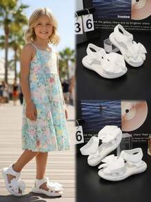 1 Pair White Flat Birkenstocks Style Sandals For Teenage Girls, Soft PU Straps With Fabric Bow Decor, Adjustable Closure, Round Toe 1" Elastic Soft Sole, Fashionable & Cute Princess/Beach Style, Suitable For 3-15 Years Old Girls, Spring/Summer - White - View 1