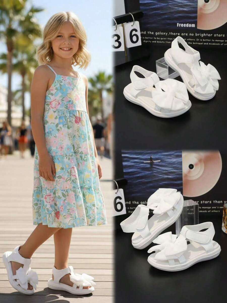 1 Pair White Flat Birkenstocks Style Sandals For Teenage Girls, Soft PU Straps With Fabric Bow Decor, Adjustable Closure, Round Toe 1" Elastic Soft Sole, Fashionable & Cute Princess/Beach Style, Suitable For 3-15 Years Old Girls, Spring/Summer - White - View 1