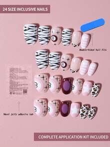 24片/套 短椭圆形3D凝胶豹纹粉色法式美甲贴纸，包含豹纹、星星、斑马纹和黑桃图案，少女粉风格，完美适用于亚克力美甲套装，包含1片果冻凝胶和1个指甲锉，适合日常或派对使用。 - 彩色 - 查看 2