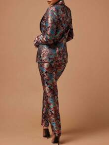 Magic Mia Hot Pink Floral Jacquard Suit Set - Women's Long Sleeves Satin Blazer & Straight Leg Pants | Formal Wedding Guest Outfit For Red Carpet Events/Black Tie Galas (Designer Two-Piece & Pocket Details - 棕色 - 查看 4