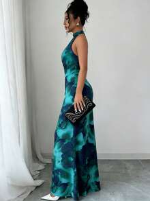 HOMEYEE 女士优雅性感镂空荷叶边印花鸡尾酒会长裙，适合度假婚礼春季穿着 - 寶藍色 - 查看 7