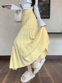 2025秋冬新款高腰A字伞裙，针织面料，修饰梨形身材，休闲伞裙，春季款 - 黃色 - 查看 3