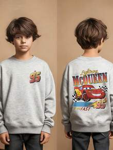 Disney Cars  Racing Pattern Print, Warm And Soft Boys' Hoodie For Autumn And Winter, Suitable For Shopping And School Wear - 灰色 - 查看 1