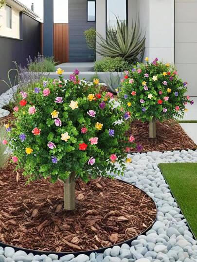 2pcs, 21" Outdoor Artificial Greenery Trees With Faux Eucalyptus & Camellia Flowers, UV-Resistant Plastic, Ground Stakes Included - Perfect For Garden, Patio, All-Season Decor, Spring & Summer, Ideal For Parties, Holidays, And Outdoor Events