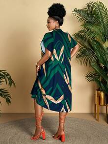 BIUBIU Plus Size Women's Casual Geometric Print V-Neck Ruffle Sleeve Loose Mid-Length Dress, Suitable For Daily, Vacation (Pattern Random) Elegant Summer - Greenish Yellow - View 1