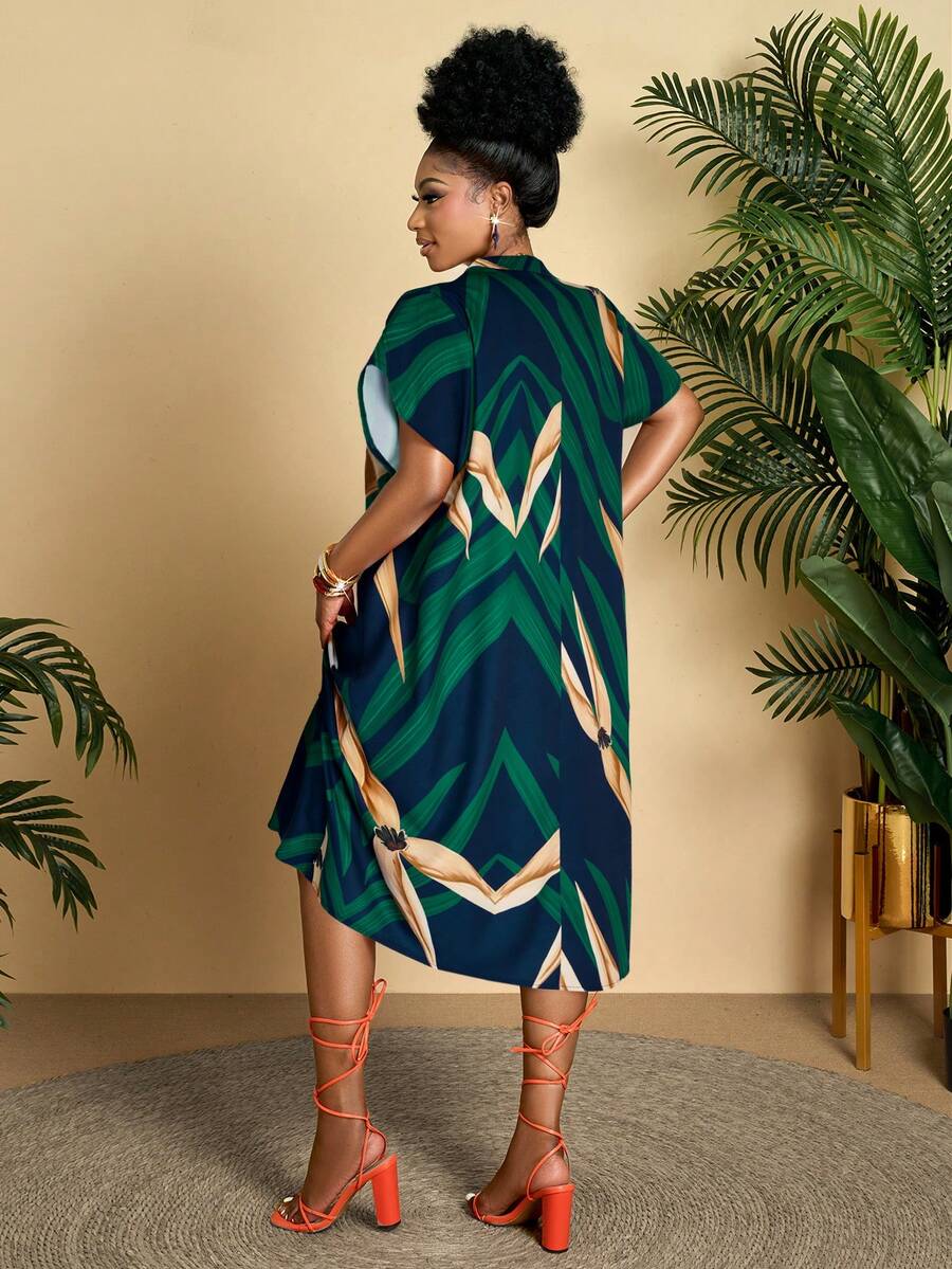 BIUBIU Plus Size Women's Casual Geometric Print V-Neck Ruffle Sleeve Loose Mid-Length Dress, Suitable For Daily, Vacation (Pattern Random) Elegant Summer - Greenish Yellow - View 1