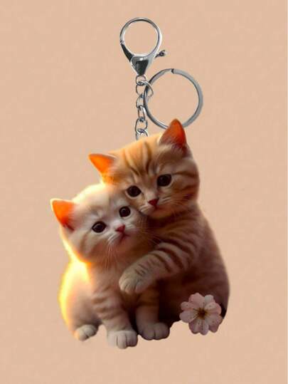 1pc Casual Cute Couple Hugging Cat Pattern Keychain, 2D Acrylic Design Decor, Adorable Style Gift For Women, Charming Accessory, Backpack Pendant, Car Hanging Ornament