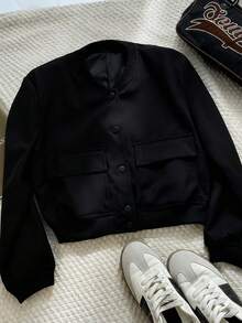 Apperloth A 90s Streetwear Style Oversized Black Flap Pocket Button Front Baseball Collar Loose Fit Bomber Jacket Spring - Black - View 5