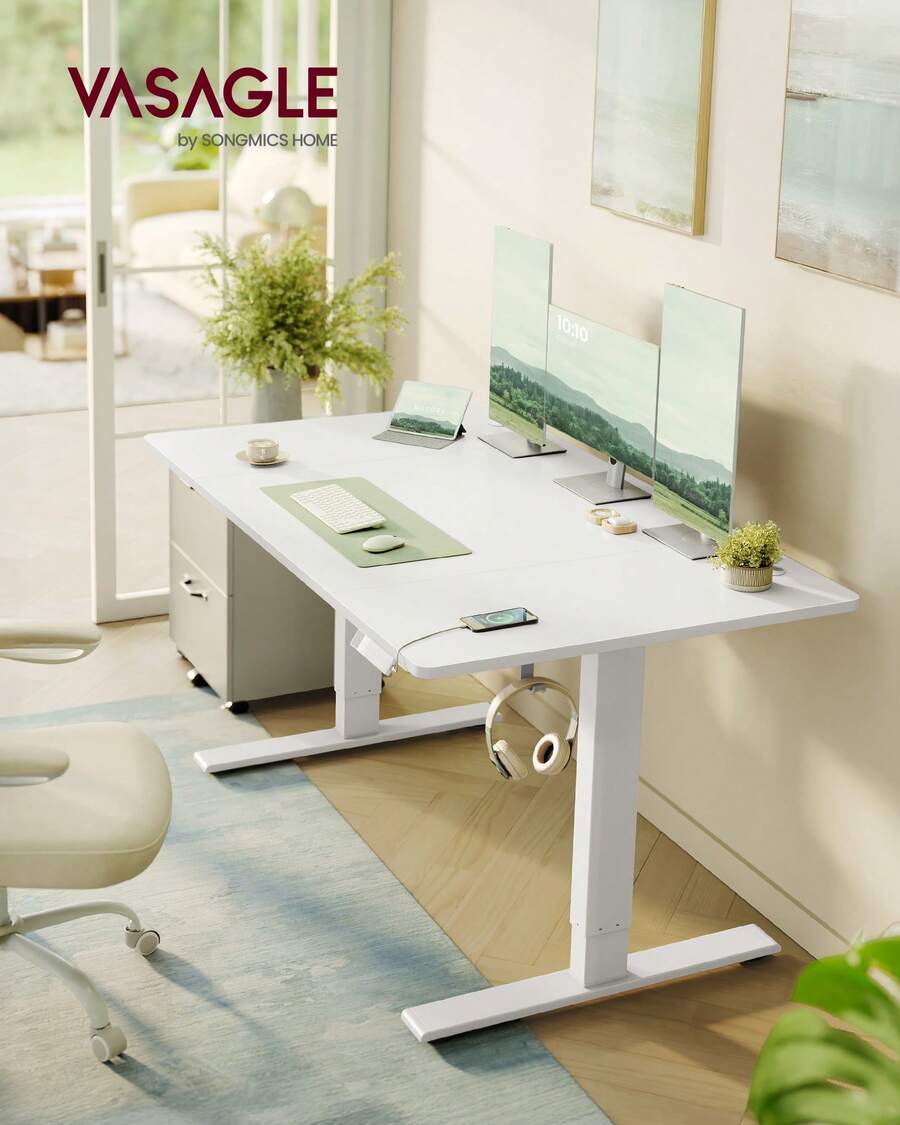 VASAGLE Höhenverstellbarer Schreibtisch, 140 x 80 cm, USB-C-Anschluss, Ablage für Steckdosenleiste, Stehtisch, Erinnerung bei langem Sitzen, 3 Speichertasten - Mattweiß - Übersicht 1