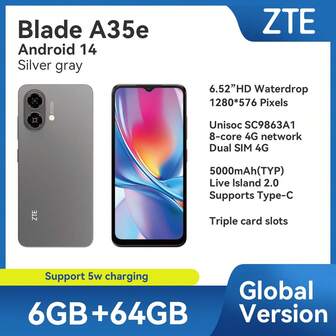  ZTE,Smartphone,Blade A35e Silver Gray,Unlocked,Android 14,(2GB RAM+4GB Fusion) + 64GB ROM,5000mAh Battery,Dual SlM 4G,4G LTE,Global Version