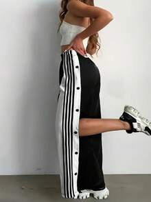 Quần nữ dáng rộng kẻ sọc phối màu tương phản, có cúc cài bên hông, kiểu dáng thời trang đi nghỉ mát, cỡ lớn. - màu đen - Xem 9