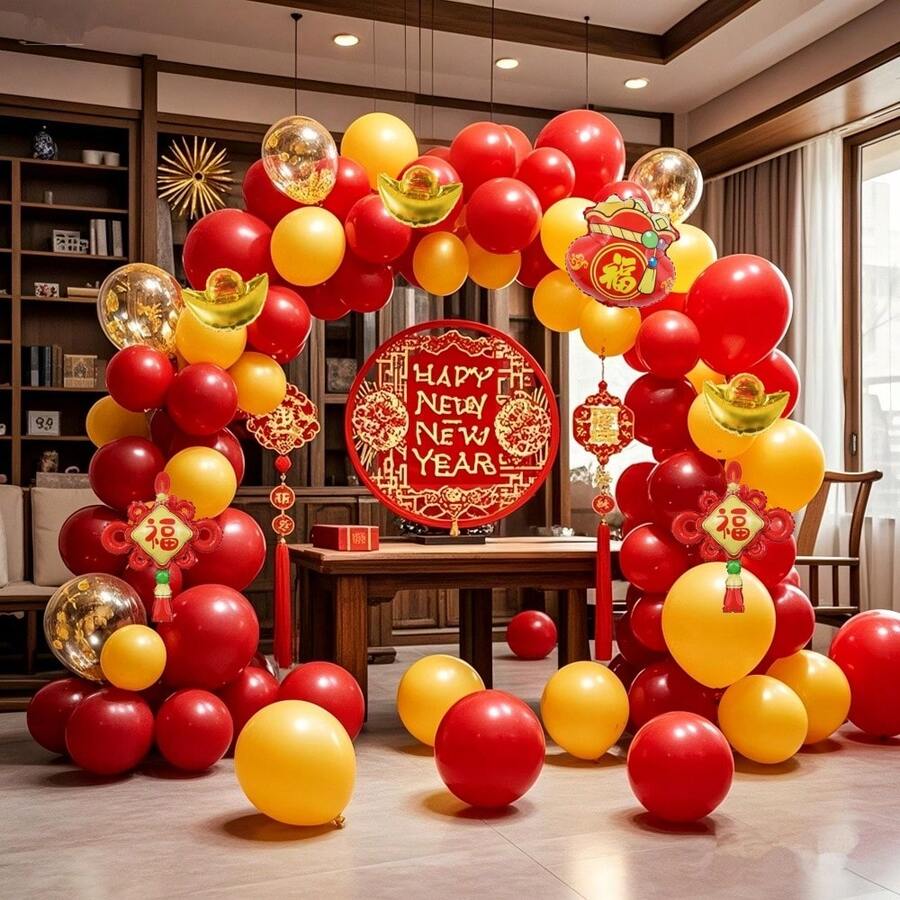 119件套中国新年派对气球拱门套装，包含红色和黄色气球，以及中国结、元宝、福袋和铝箔气球，适用于春节、中国新年、家庭团聚和新年派对。 - 119件紅色 - 查看 1