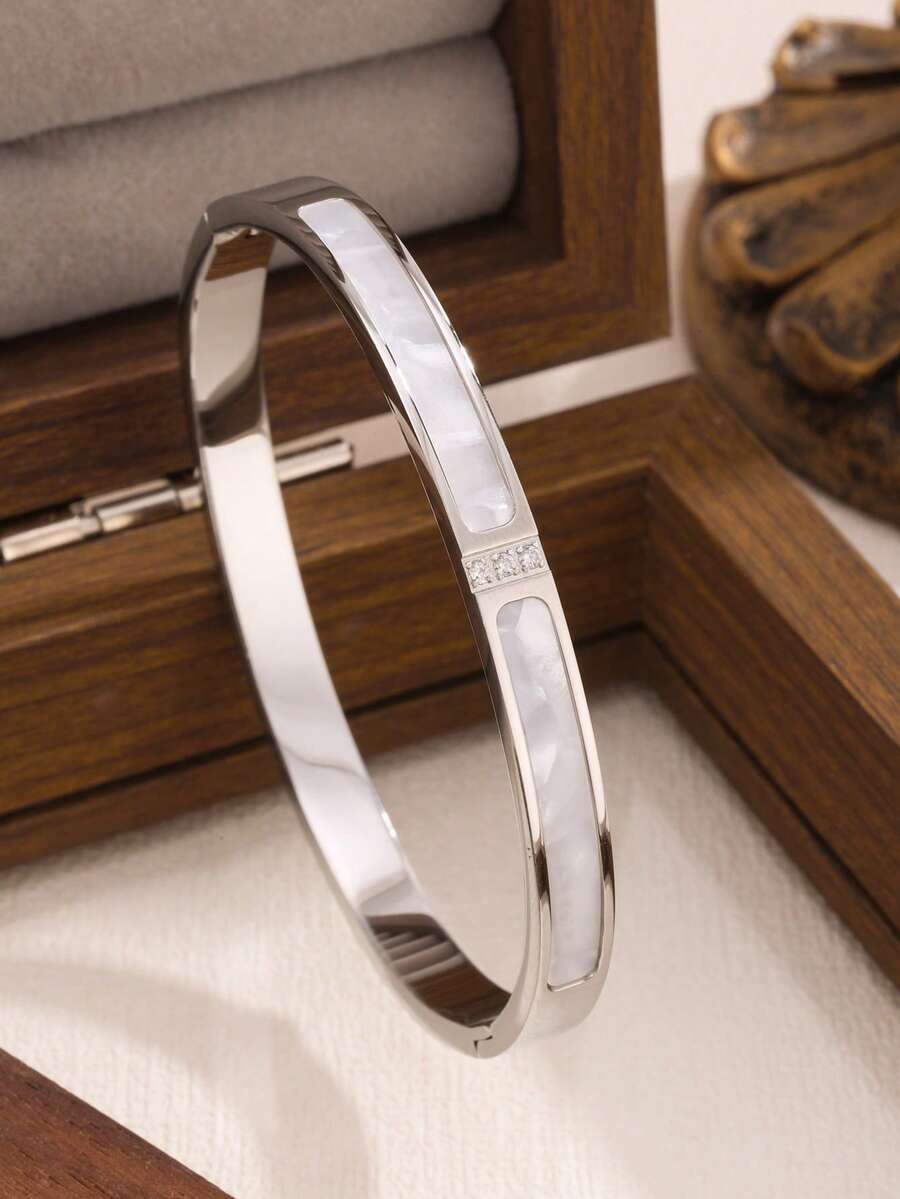 1 chiếc vòng tay bằng thép không gỉ không phai màu thời trang tối giản sang trọng thiết kế độc đáo phong cách ngọt ngào thanh lịch tinh tế sáng tạo độc đáo vỏ trắng với kim cương dành cho phụ nữ, đeo hàng ngày và làm quà tặng cho bạn gái - Bạc - Xem 1