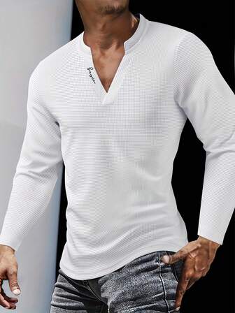 Men's Textured Premium Waffle Knit Colorblock Henley Shirt With Graphic Print, Fashion V-Neck Long Sleeve Outdoor Casual Sportswear