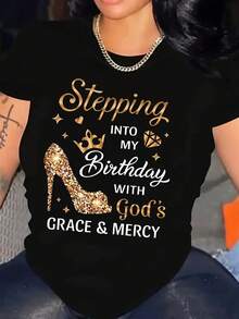 Tacones altos de cumpleaños para mujeres y camiseta con estampado de letras en el talón - Blusa casual de manga corta con cuello redondo para atuendos de primavera, verano y otoño, atuendo de de cumpleaños, atuendo casual, top lavable aáquina con diseño de tacón alto (sin transparencia) - Negro - Ver 2