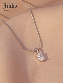 Hihho 1 件简约欧式椭圆形锆石蛇骨链吊坠项链，优雅女士吊坠项链 - 金黃色 - 查看 2