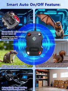 升级版三合一超声波驱虫器，2025款带闪光灯的驱鼠器，适用于汽车引擎、家庭、户外花园，USB充电，单包装 - 黑色 - 查看 7