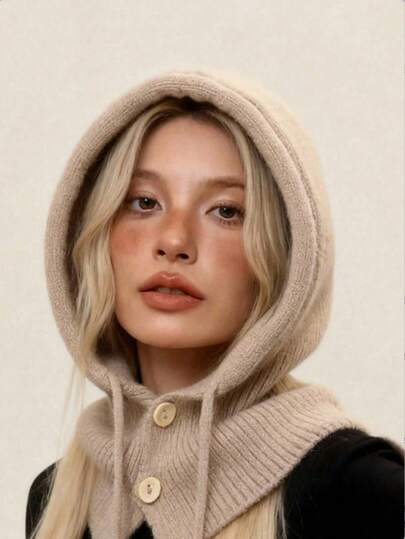 Women's Winter Warm Hat & Scarf Set, Balaclava Knit Hat, Fashionable Hooded Scarf, Suitable For Daily Wear, Keeps Warm And Protects Ears, Ideal For Outdoor Sports, Skiing And Cycling