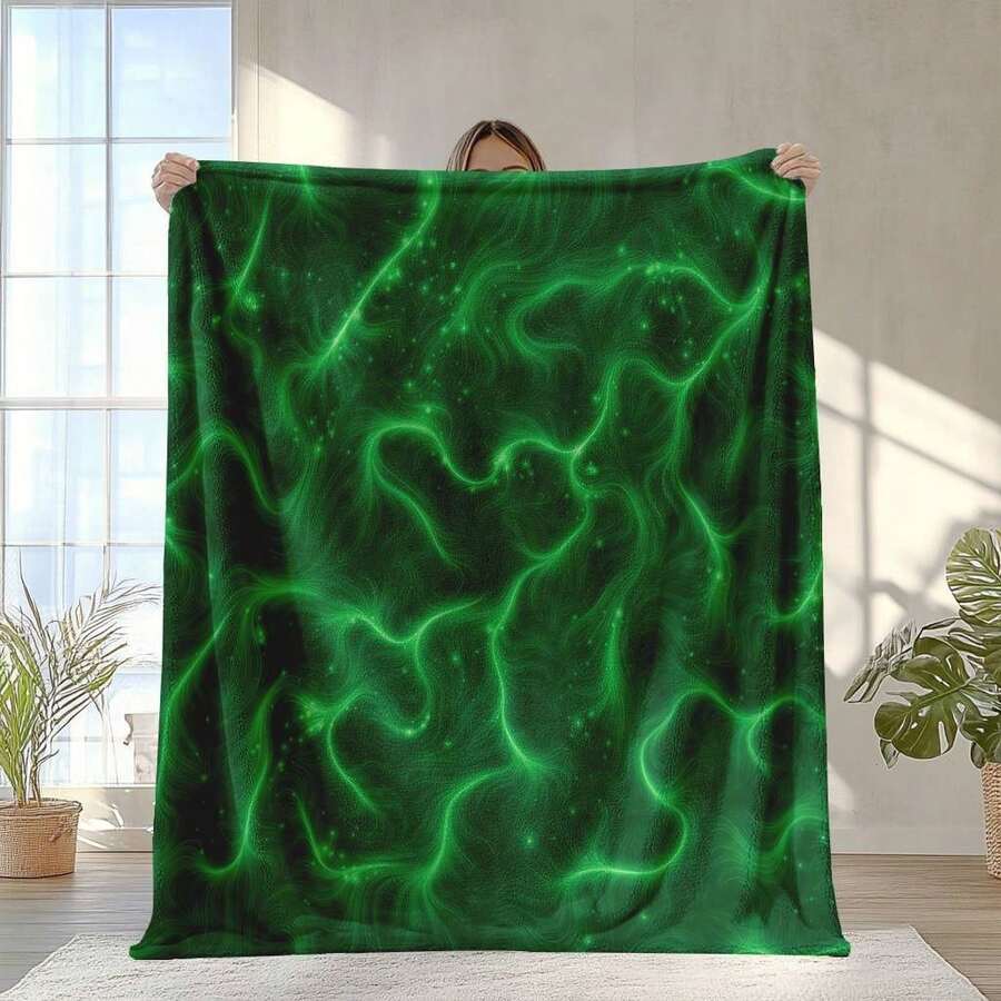 1pc Green Fluorescent Seagrass Pattern Print Blanket - Soft Flannel All-Season Throw For Camping, Travel, Car & Home Decor, Contemporary Style Gift For Family, Comfortable Warmth, Decorative Cover,, Versatile Cover, Family Gifts - 白色 - 查看 1