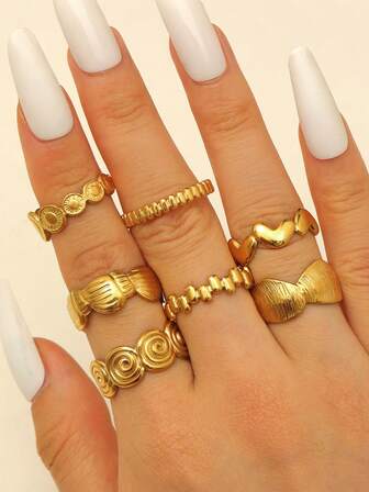 1 Set de 7 piezas de Anillos de Acero Inoxidable con Diseños de Corazón y Geométricos, Elegantes y Casuales, Adecuados para Uso Diario, Fiestas y Eventos de Mujeres, Gran Regalo para Amigos