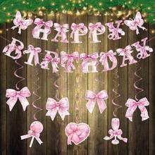 Bow Party Birthday Banner Girl's Birthday Pink Bow Spiral Ornament Spring Butterfly Pink Bow Birthday Party - Pink - View 1