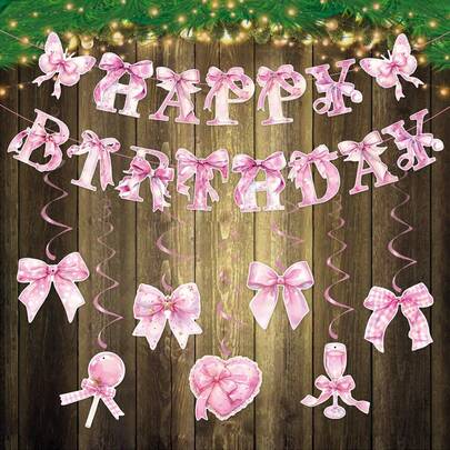 Butterfly Themed Birthday Banner, Girls Birthday, Pink Bow Spiral Decor, Spring Butterfly Pink Bow Birthday Party