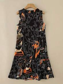 女士休闲无袖圆领A字连衣裙，抽象印花喇叭下摆，及膝梭织面料，适合派对穿着 - 黑色 - 查看 3