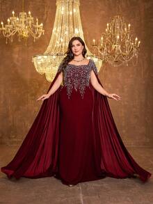 UNITHORSE Women's Square Neck Extra Long Sleeve Embroidered Fitted Linen Knit Evening Dress - Burgundy - View 4