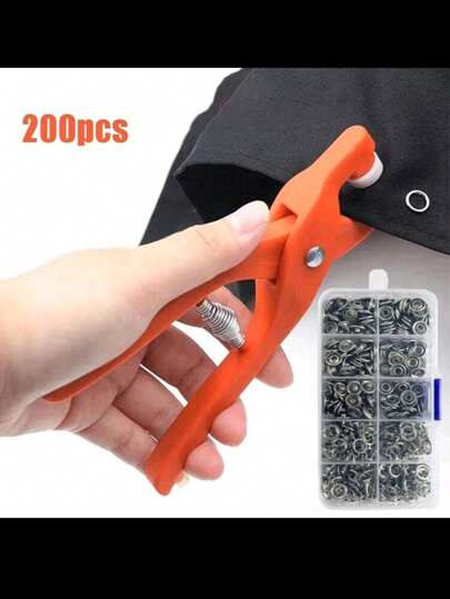 200个5爪按扣套装，金属按扣，带手动钳子和收纳盒，适用于DIY工艺品、服装、帽子、包包等。