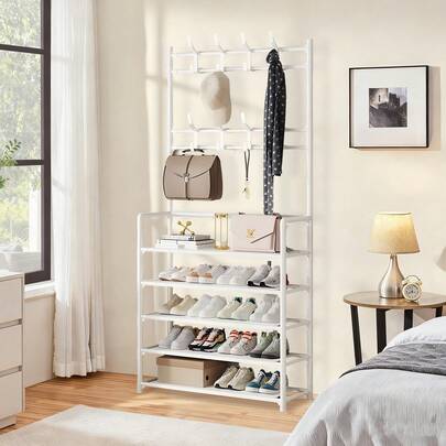 Estante Zapatera Organizador de Zapatos, Ropa, Bolsas y Sombreros,  Perchero Multifuncional con Estantes de Almacenamiento para Entrada, Dormitorio o Sala