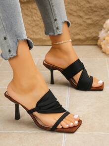 1双夏季新款方头法式细高跟女鞋，时尚凉鞋，带踝带 - 黑色 - 查看 3