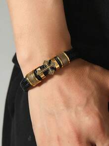 1pc Men's Punk Style Skull Cross Handmade Woven Leather Bracelet Accessory - Bracelet - View 5