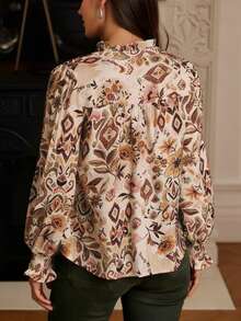 Plus Size Women's New Spring/Summer Vintage French Style Casual Elegant Floral Print Button Down Long Sleeve Shirt, Relaxed Fit Open Front Beach Blouse For Ladies - Color - View 3