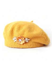 Boina feminina de lã com flor de strass, cor sólida, modelo casual e versátil (1 unidade). - Multicolorido - Ver 17