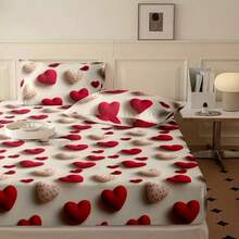 3pcs Heart-Shaped Valentine's Day Bedding Set (Includes 2 Pillowcases + 1 Fitted Sheet), 3D Edging, 360° Fitted Mattress, Skin-Friendly Fabric, Easy To Create A Tidy Bedroom, Anti-Slip Design, Elastic