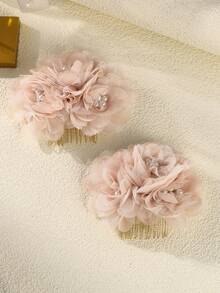1/2pcs Bohemian Mesh Flower Hair Accessories, Wedding Bridal Headpiece, Party Adult Costume Decor, Romantic Valentine's Day Women Accessories, Combs - Pink - View 9