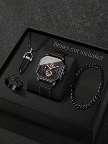 男士礼品手表套装（4件套） - 经典时尚方形日历表盘时尚休闲商务石英腕表 + 手链 + 项链 + 戒指（不含表盒）