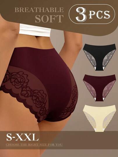 3pcs/Pack Women's Low Waist Lace Trim Seamless V-Cut Breathable Comfortable Panties, Suitable For Summer