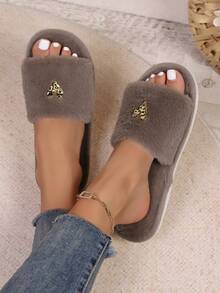 New Women Simple Fashion Heart Decor Plush Open Toe Slippers, Comfortable Fluffy Indoor House Slippers For Bedroom And Living Room, Suitable For Spring/Autumn