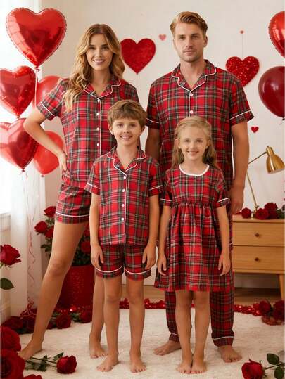 Valentine's Day Family Matching Outfits For Couples Baby Kids Valentine 2Piece Pjs Set For Valentine's Day Party Family Gathering Baby Romper/Kid Short Sleeve Pjs Set/Girl Dress/Dog Clothes/Plaid Print Tops And Shorts Set